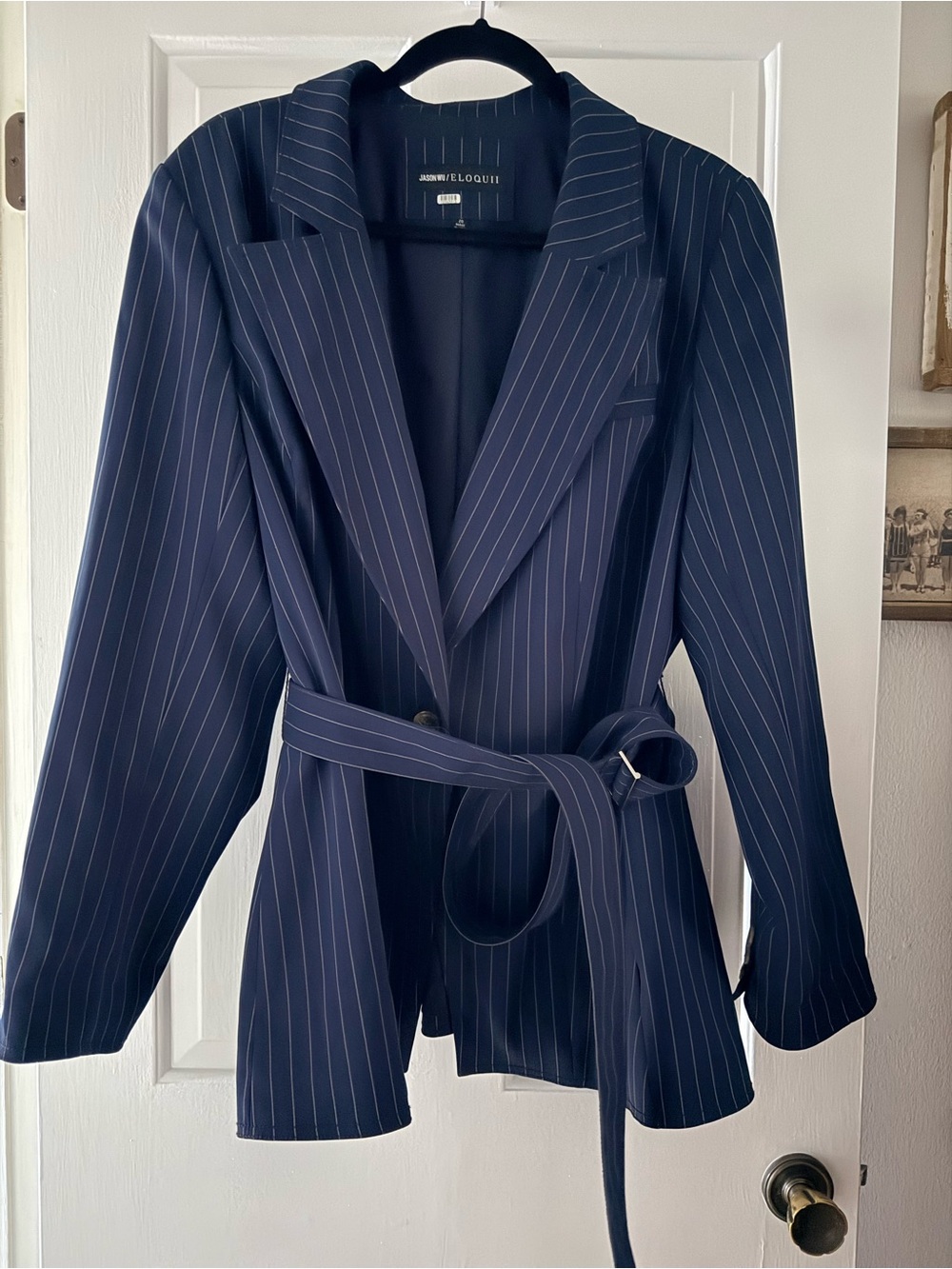 Eloquii Navy Pinstripe Belted Blazer